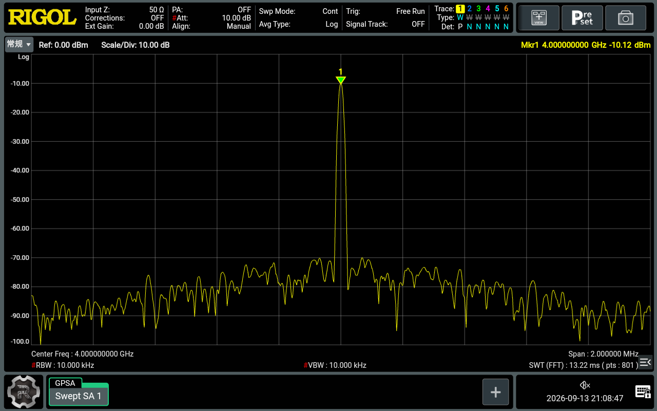 图 5 MIX 模式 4 GHz 单音:DDS 10 MHz、上位机 NCO FTW 设置值 3990 MHz;Marker 4.000000000 GHz、−10.12 dBm。中心 4 GHz、SPAN 2 MHz、RBW/VBW 各 10 kHz。