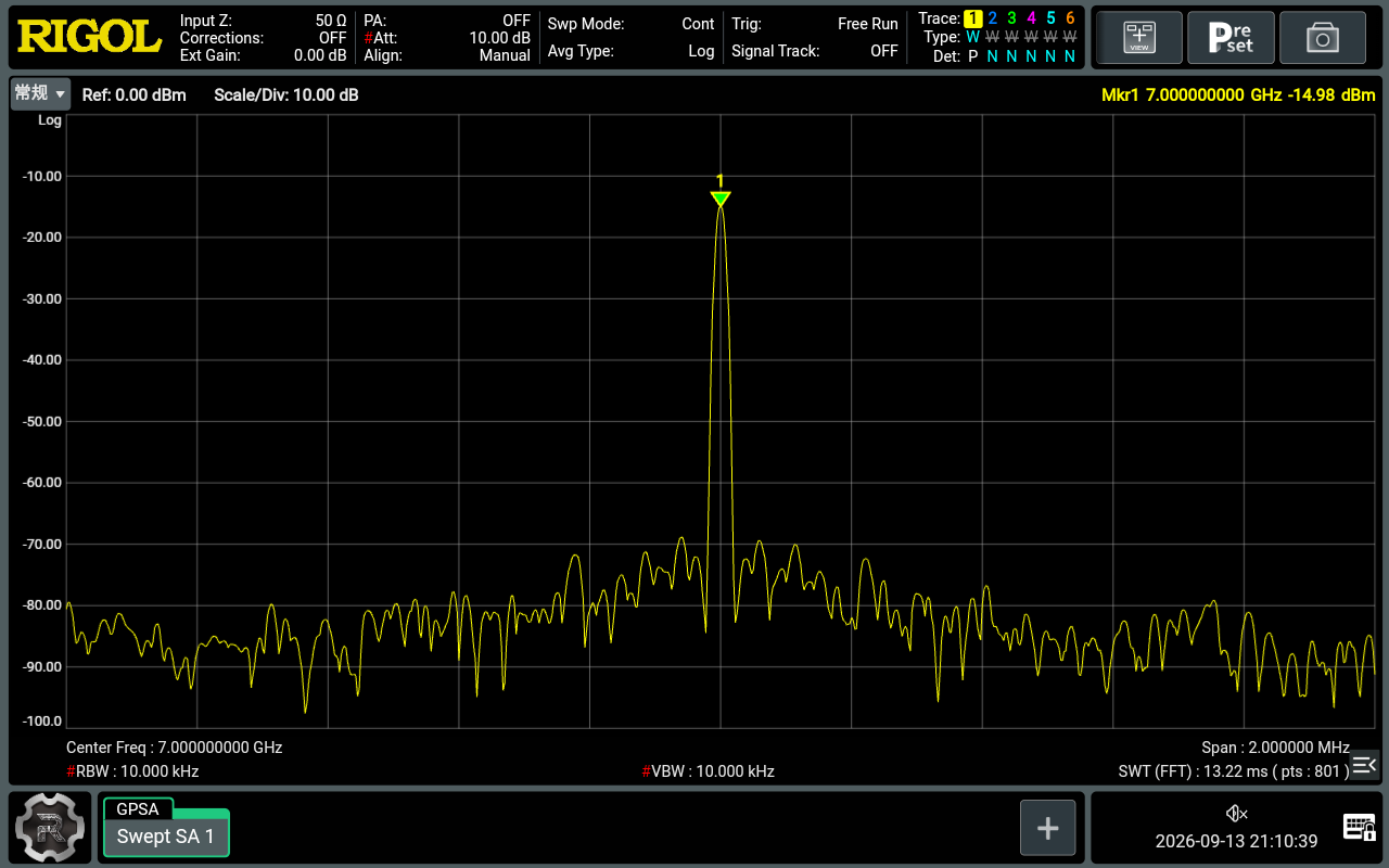 图 6 MIX 模式第三区 7 GHz 单音:DDS 10 MHz、NCO 990 MHz;Marker 7.000000000 GHz、−14.98 dBm。中心 7 GHz、SPAN 2 MHz、RBW/VBW 各 10 kHz。