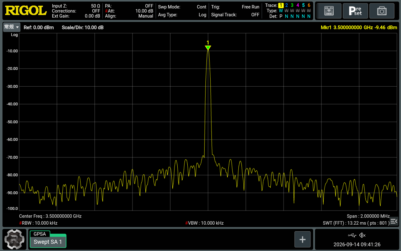 图 9 2×NRZ 3.5 GHz 判别频点的 RSA6265 原生存屏(2026 年 9 月 14 日)。中心 3.5 GHz、SPAN 2 MHz、RBW/VBW 各 10 kHz,屏幕标记读数 3.500000 GHz、−9.46 dBm。